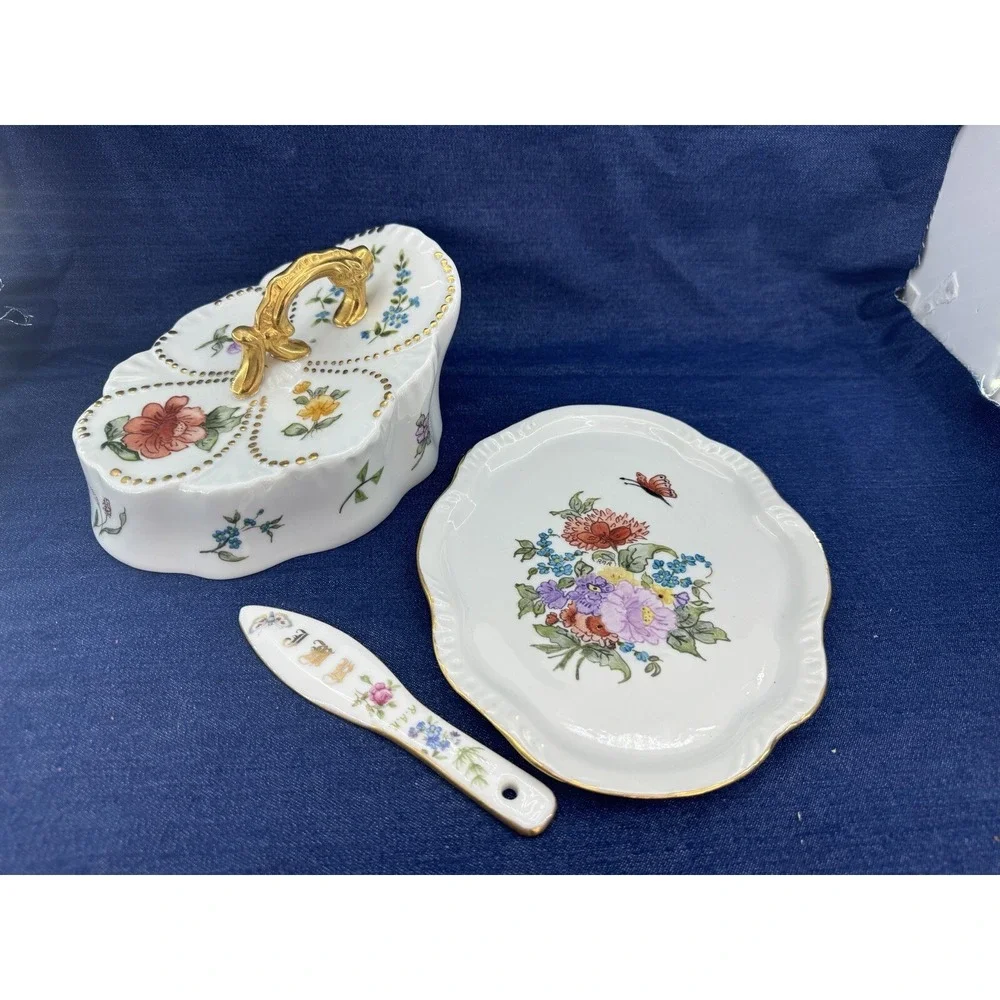 VTG Rare Covered Dish‎ & Knife Set Hand Painted Floral Signed Porcelain Ornate